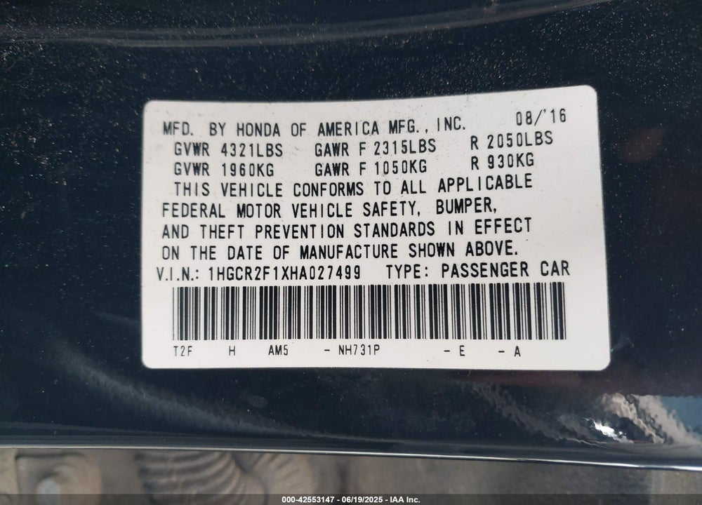 2017 HONDA ACCORD VIN: 1HGCR2F1XHA027499