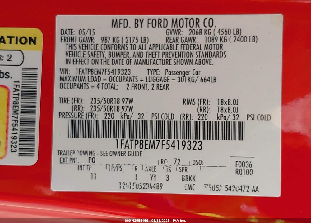 2015 FORD MUSTANG V6 VIN: 1FATP8EM7F5419323