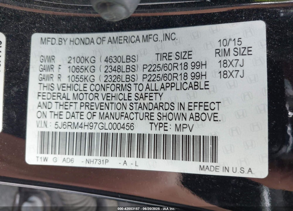 2016 HONDA CR-V VIN: 5J6RM4H97GL000456