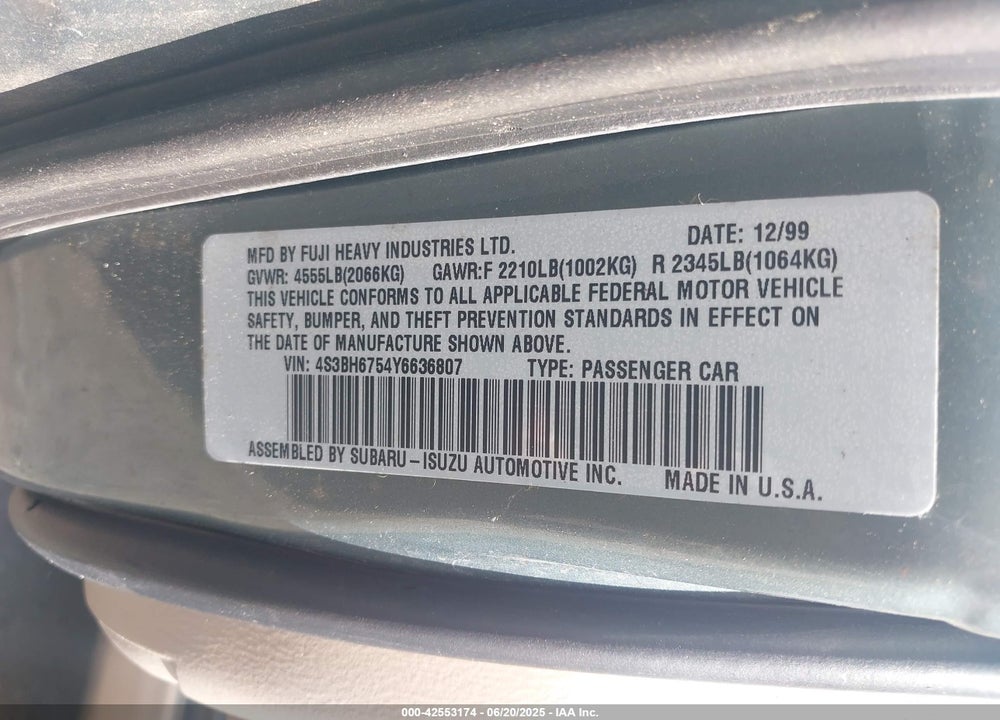 2000 SUBARU OUTBACK VIN: 4S3BH6754Y6636807