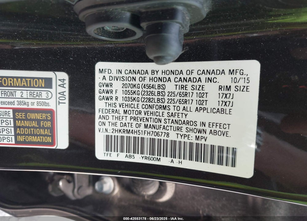 2015 HONDA CR-V VIN: 2HKRM4H51FH706778