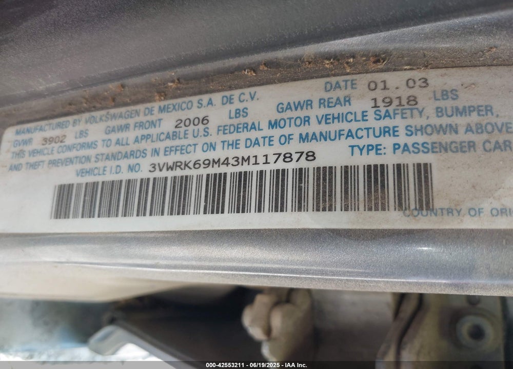 2003 VOLKSWAGEN JETTA GL VIN: 3VWRK69M43M117878