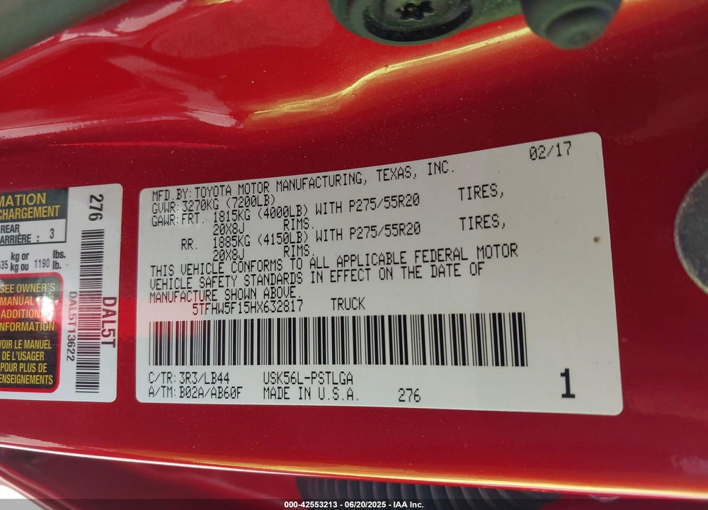 2017 TOYOTA TUNDRA VIN: 5TFHW5F15HX632817