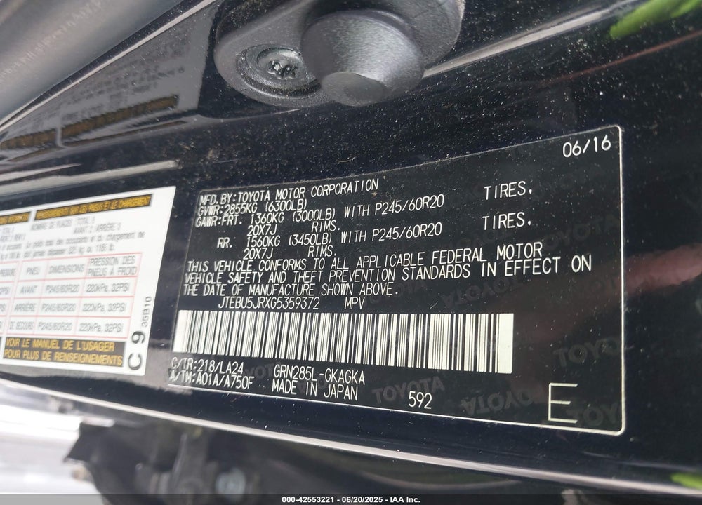 2016 TOYOTA 4RUNNER VIN: JTEBU5JRXG5359372