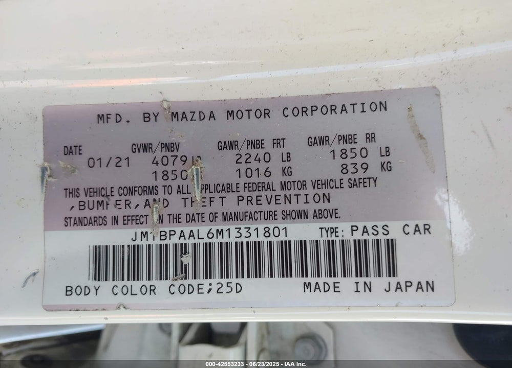 2021 MAZDA MAZDA3 VIN: JM1BPAAL6M1331801