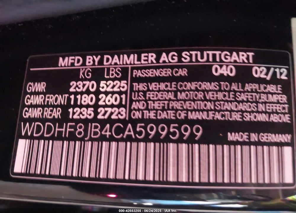 2012 MERCEDES-BENZ E-CLASS VIN: WDDHF8JB4CA599599