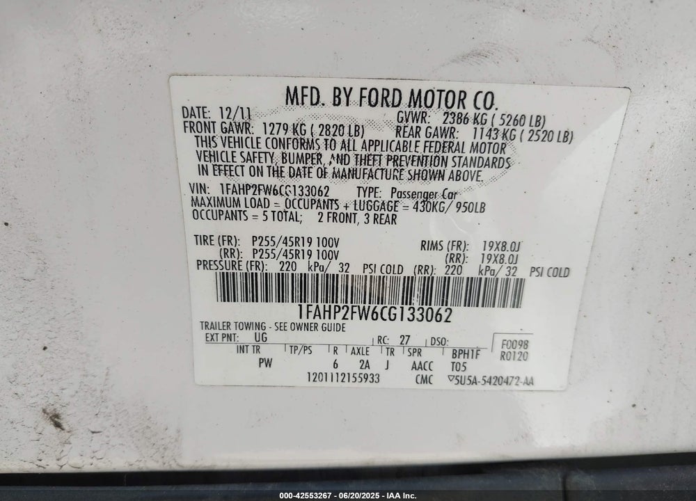 2012 FORD TAURUS LIMITED VIN: 1FAHP2FW6CG133062