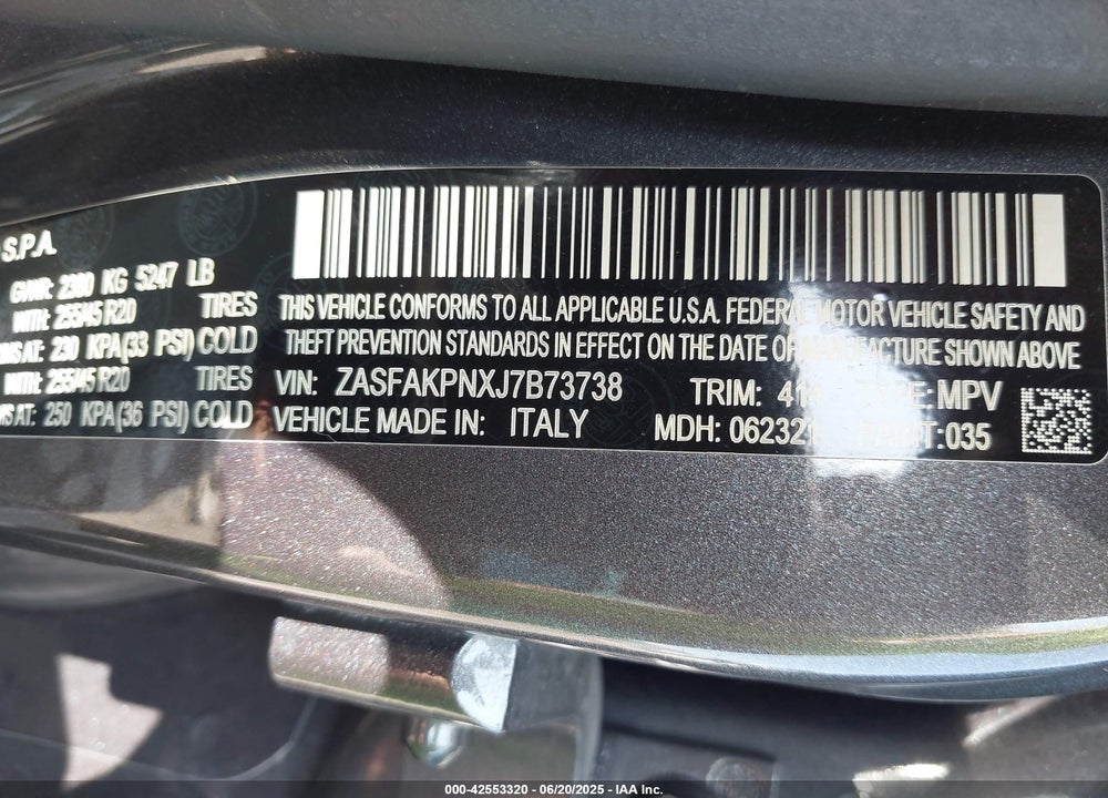 2018 ALFA ROMEO STELVIO VIN: ZASFAKPNXJ7B73738