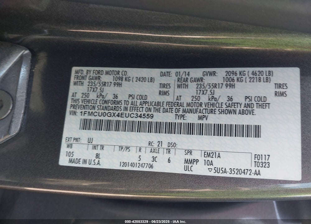 2014 FORD ESCAPE VIN: 1FMCU0GX4EUC34559