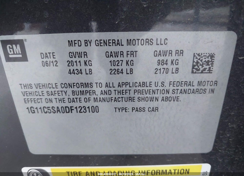 2013 CHEVROLET MALIBU 1LT VIN: 1G11C5SA0DF123100
