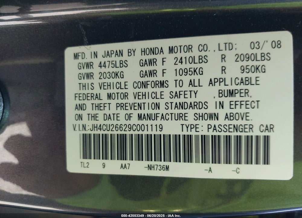 2009 ACURA TSX VIN: JH4CU26629C001119