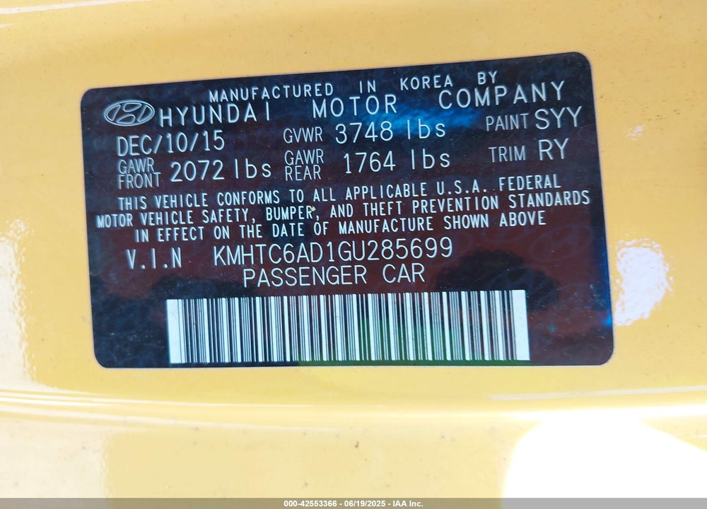 2016 HYUNDAI VELOSTER VIN: KMHTC6AD1GU285699