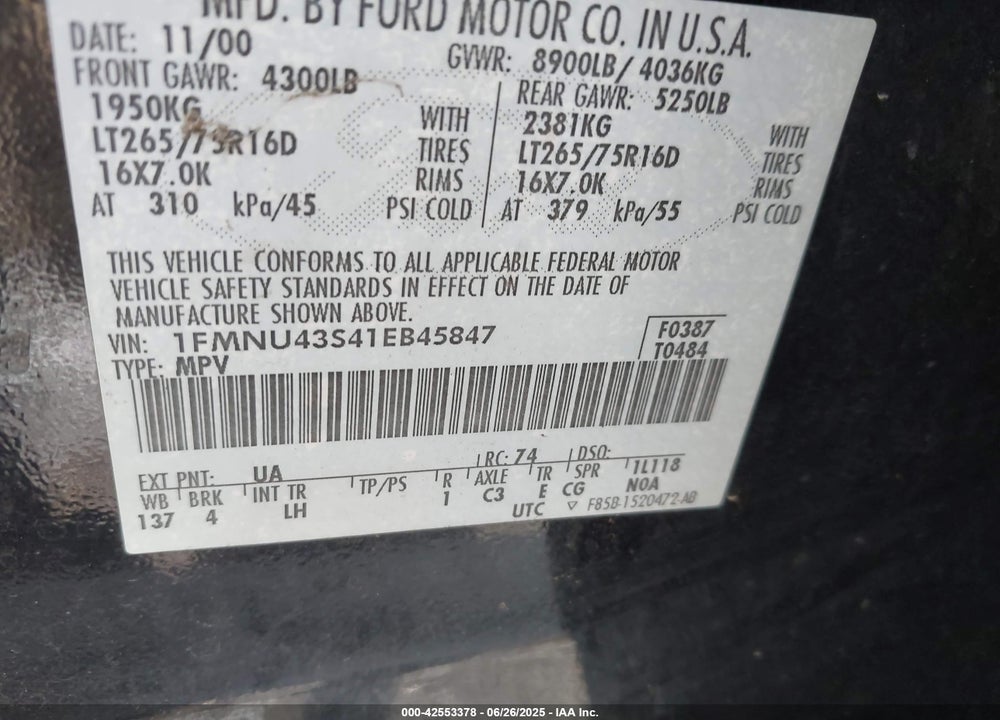 2001 FORD EXCURSION LIMITED VIN: 1FMNU43S41EB45847