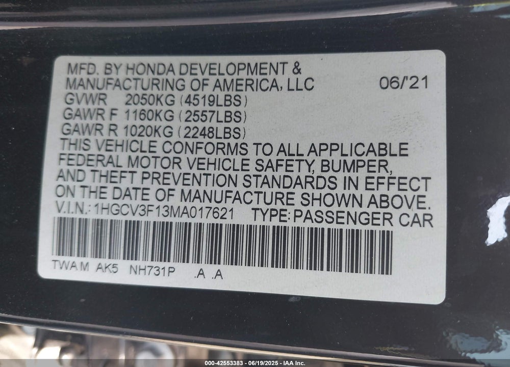 2021 HONDA ACCORD VIN: 1HGCV3F13MA017621