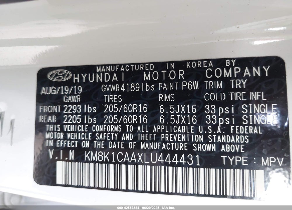 2020 HYUNDAI KONA VIN: KM8K1CAAXLU444431