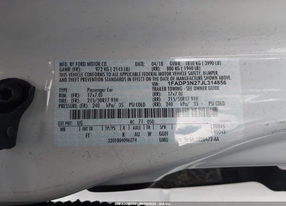 2018 FORD FOCUS VIN: 1FADP3N27JL314856