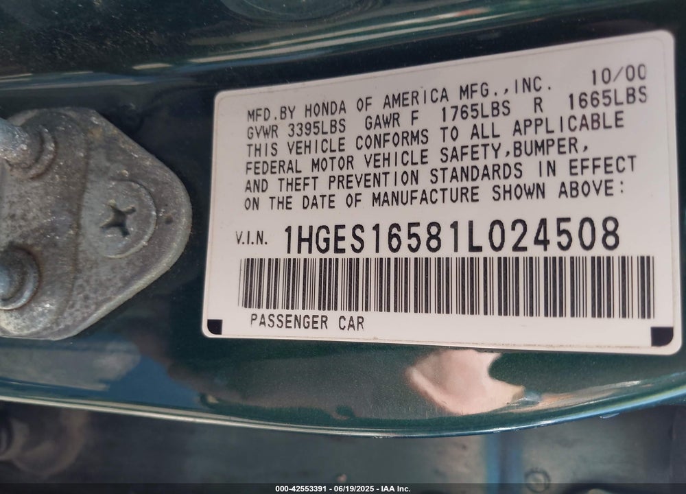 2001 HONDA CIVIC LX VIN: 1HGES16581L024508