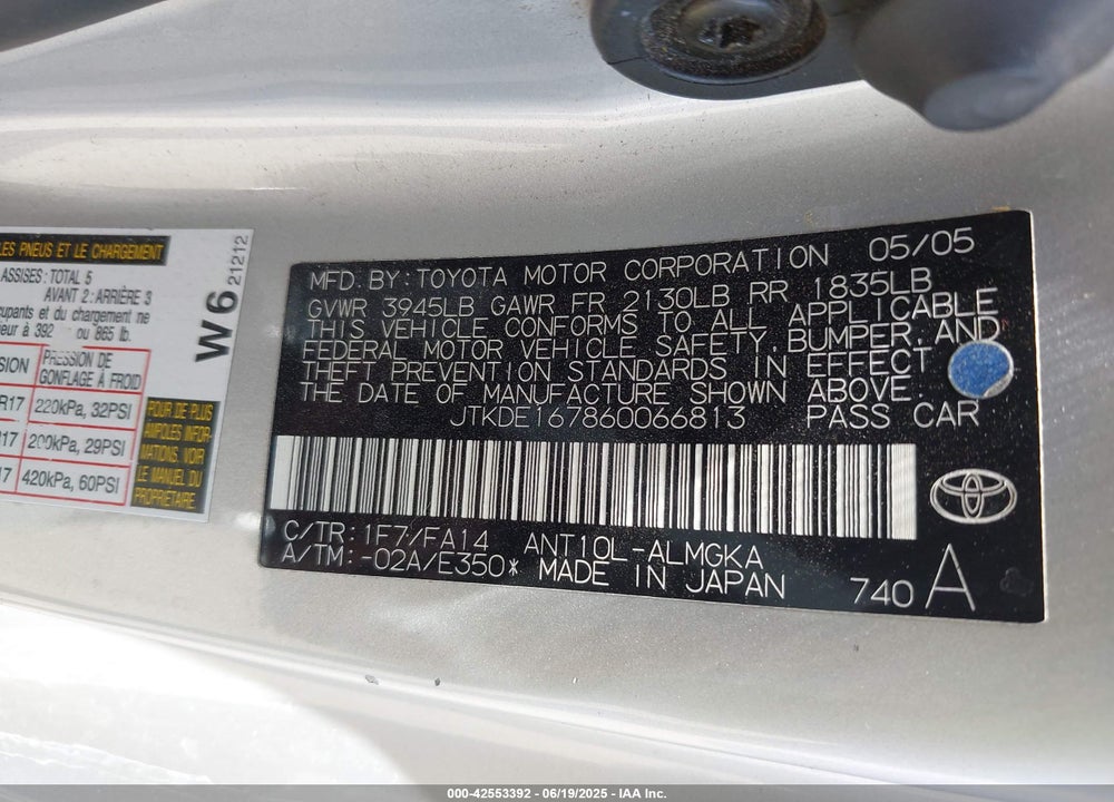 2006 SCION TC VIN: JTKDE167860066813