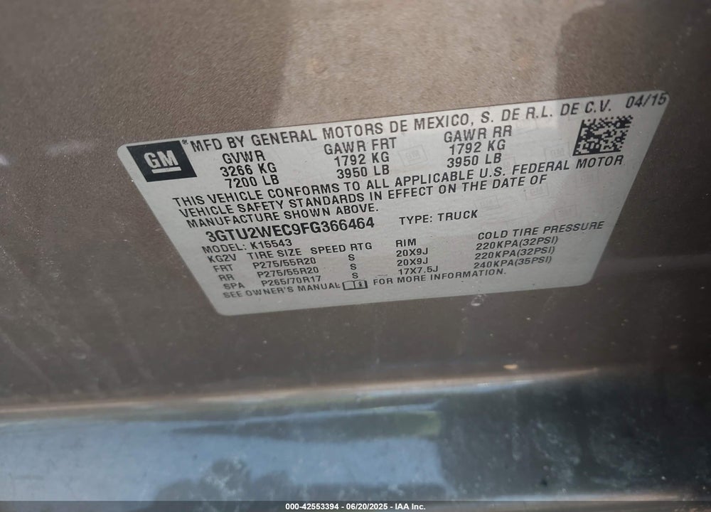 2015 GMC SIERRA 1500 VIN: 3GTU2WEC9FG366464