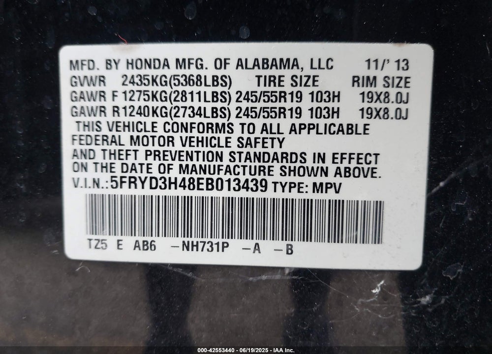 2014 ACURA MDX VIN: 5FRYD3H48EB013439
