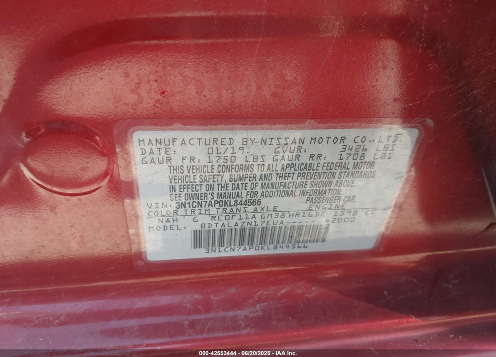2019 NISSAN VERSA VIN: 3N1CN7AP0KL844566