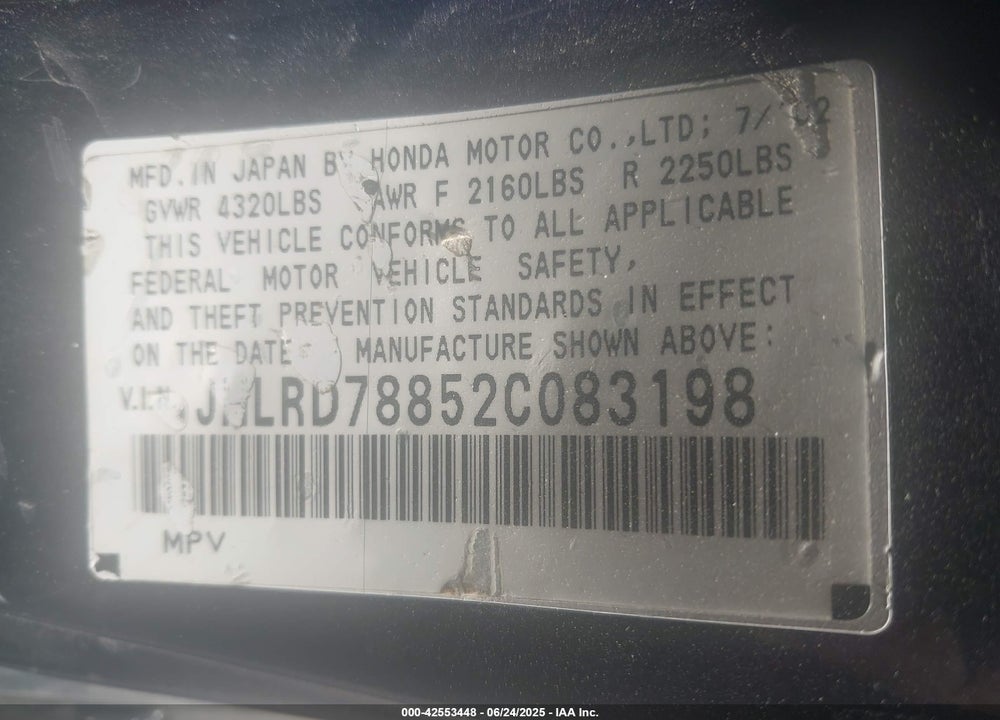 2002 HONDA CR-V EX VIN: JHLRD78852C083198