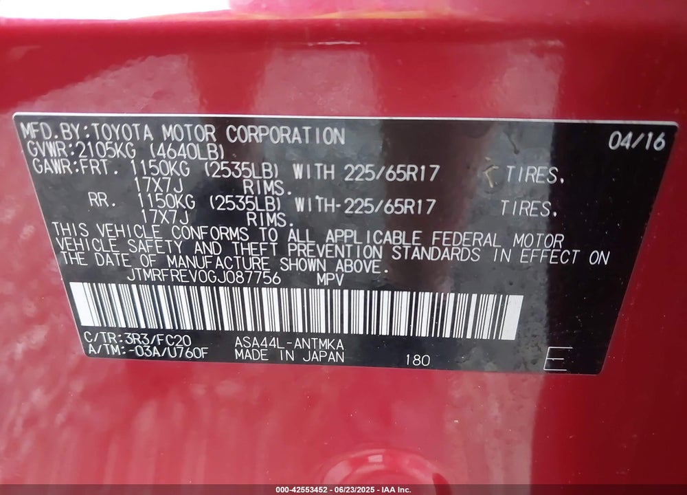 2016 TOYOTA RAV4 VIN: JTMRFREV0GJ087756