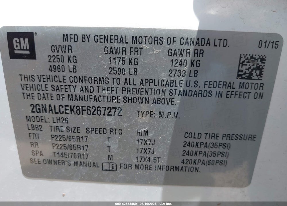 2015 CHEVROLET EQUINOX VIN: 2GNALCEK8F6267272