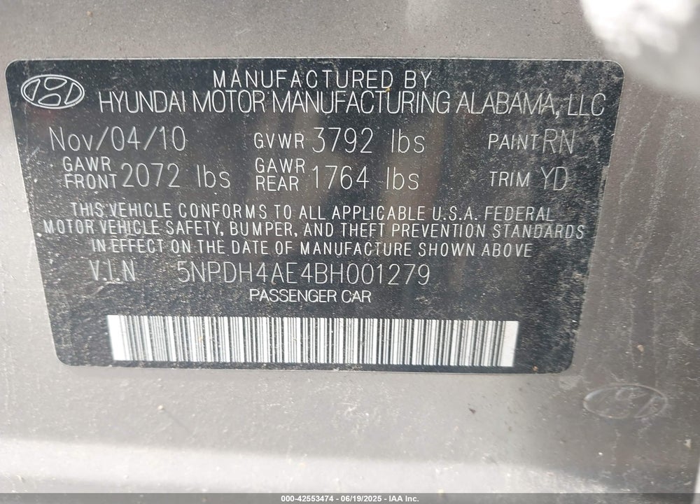 2011 HYUNDAI ELANTRA VIN: 5NPDH4AE4BH001279