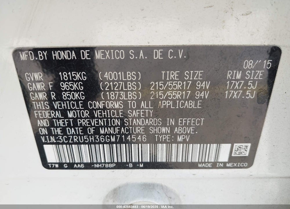 2016 HONDA HR-V VIN: 3CZRU5H36GM714546