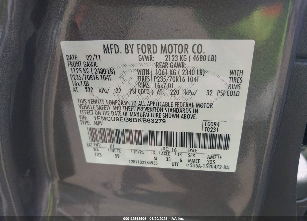 2011 FORD ESCAPE VIN: 1FMCU9EG6BKB63279