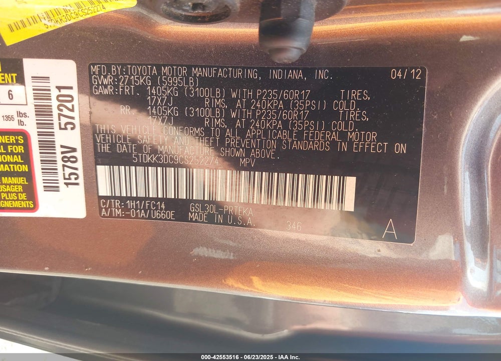 2012 TOYOTA SIENNA LE V6 8 PASSENGER VIN: 5TDKK3DC9CS252274