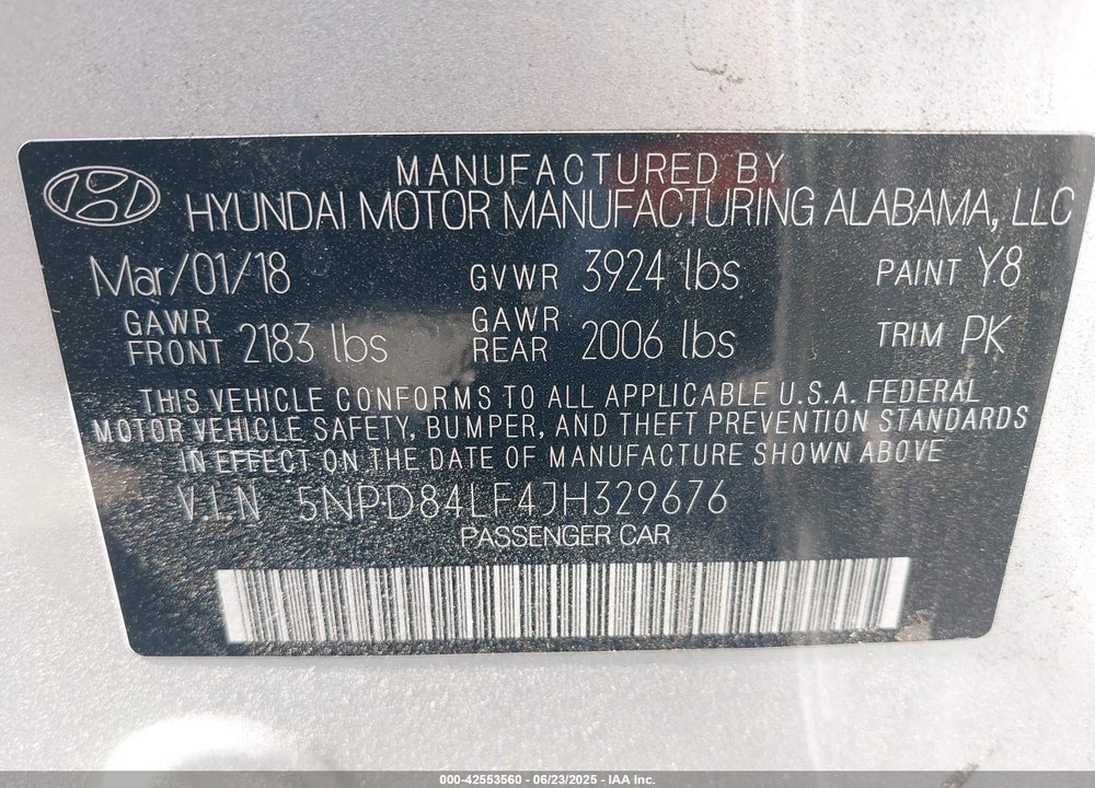 2018 HYUNDAI ELANTRA VIN: 5NPD84LF4JH329676