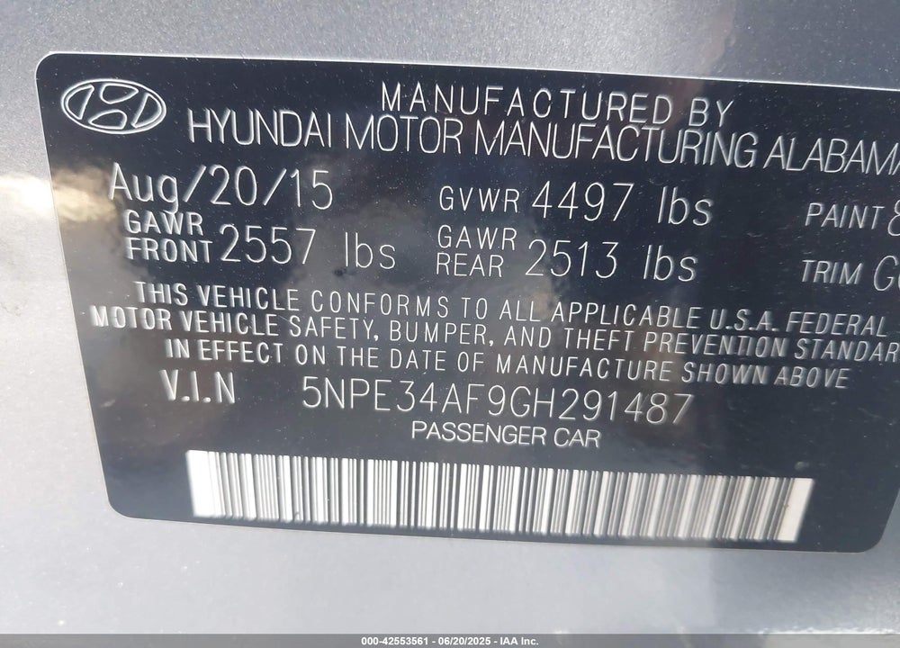 2016 HYUNDAI SONATA VIN: 5NPE34AF9GH291487
