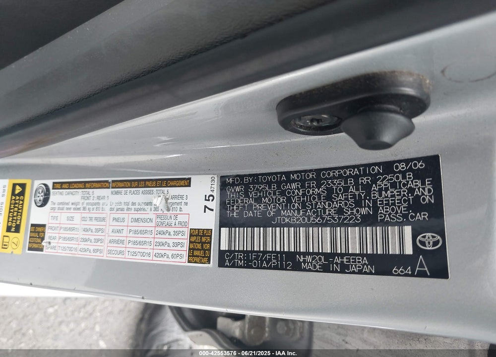 2006 TOYOTA PRIUS VIN: JTDKB20U567537223