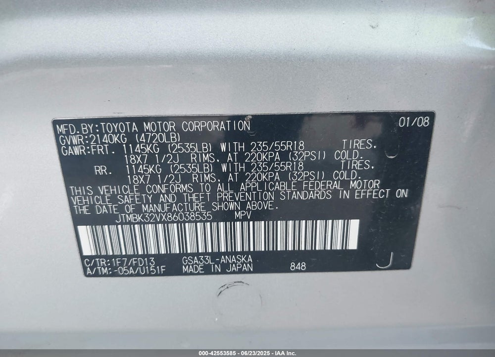 2008 TOYOTA RAV4 VIN: JTMBK32VX86038535