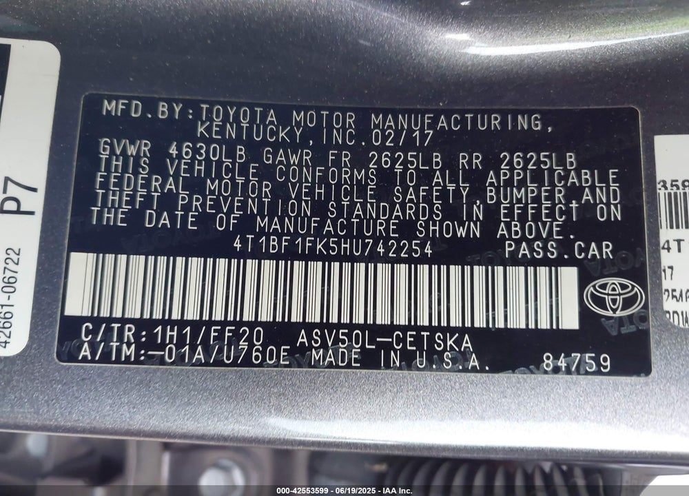 2017 TOYOTA CAMRY VIN: 4T1BF1FK5HU742254