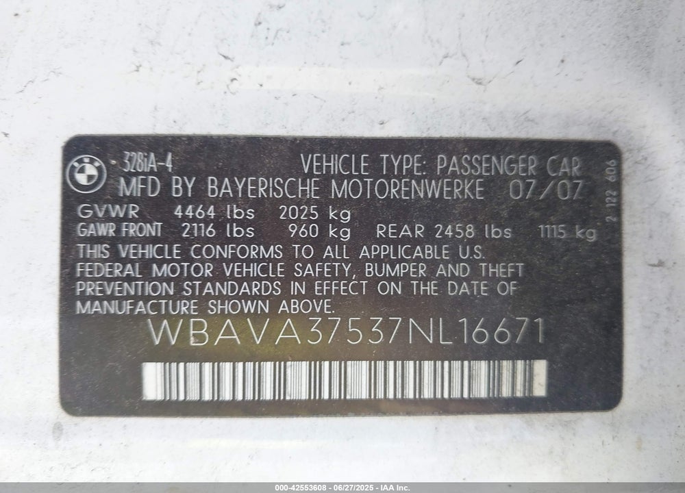 2007 BMW 328I VIN: WBAVA37537NL16671