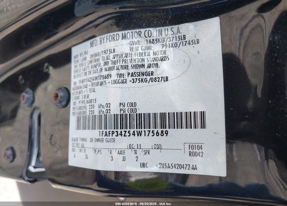 2004 FORD FOCUS SE VIN: 1FAFP34Z54W175689