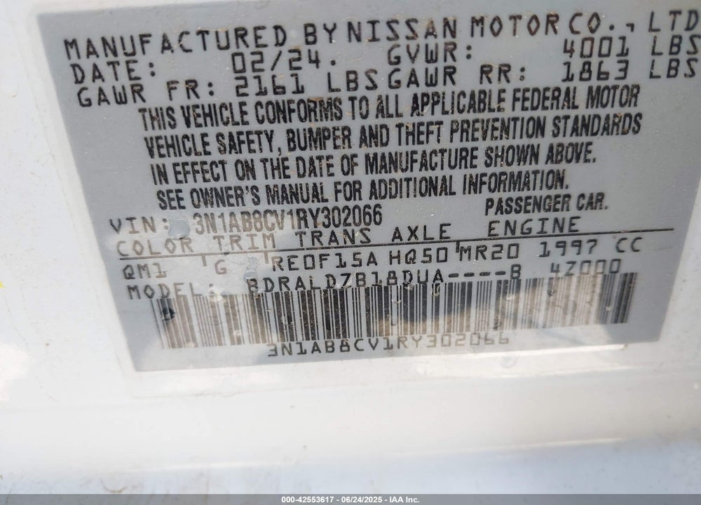 2024 NISSAN SENTRA SV XTRONIC CVT VIN: 3N1AB8CV1RY302066