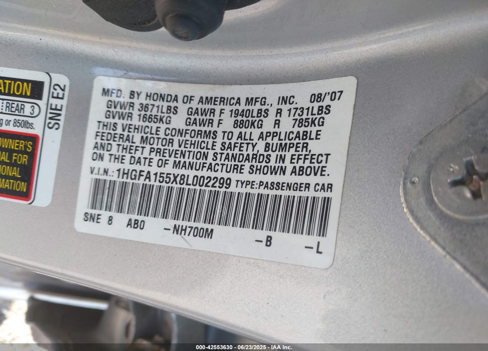 2008 HONDA CIVIC VIN: 1HGFA155X8L002299