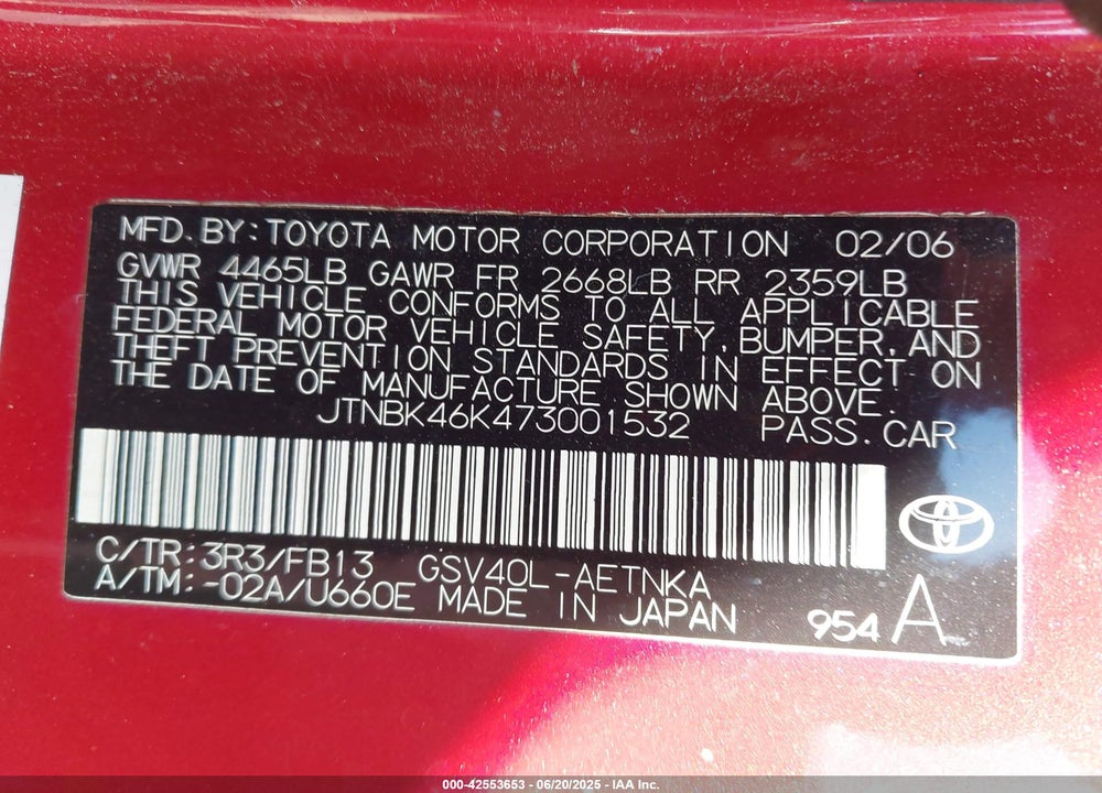2007 TOYOTA CAMRY VIN: JTNBK46K473001532