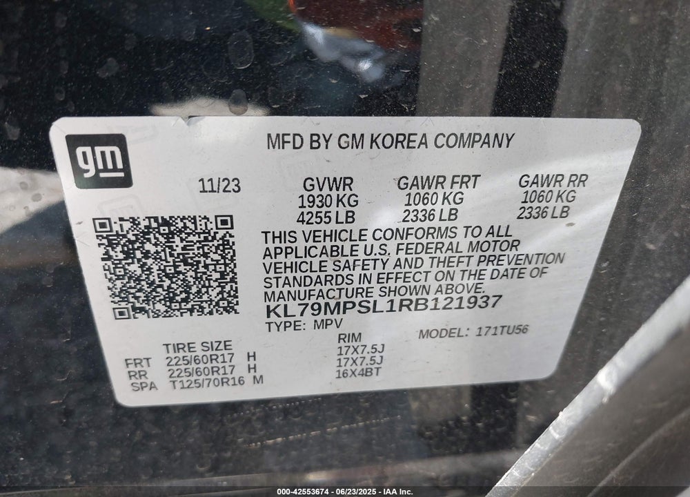2024 CHEVROLET TRAILBLAZER VIN: KL79MPSL1RB121937