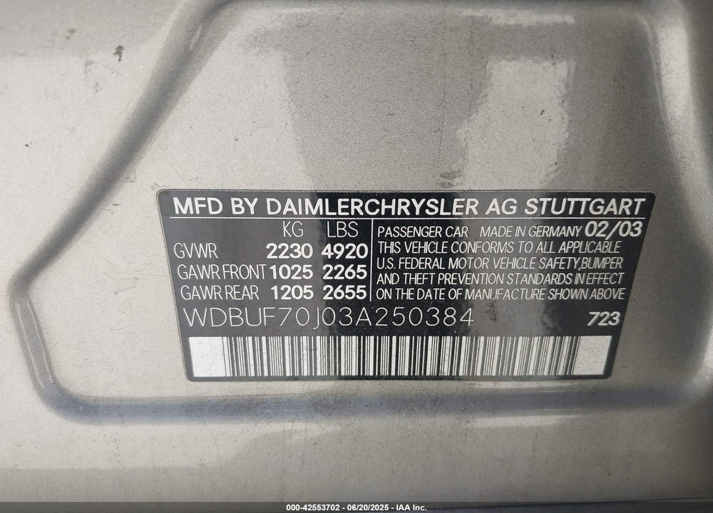 2003 MERCEDES-BENZ E 500 VIN: WDBUF70J03A250384
