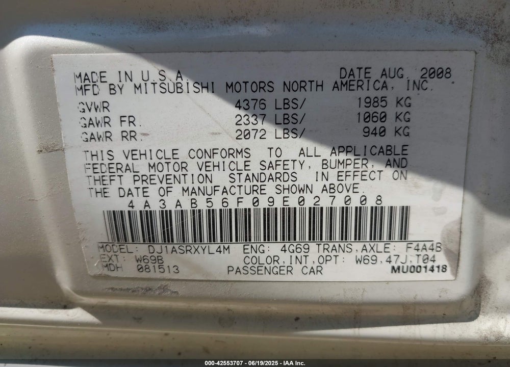 2009 MITSUBISHI GALANT VIN: 4A3AB56F09E027008