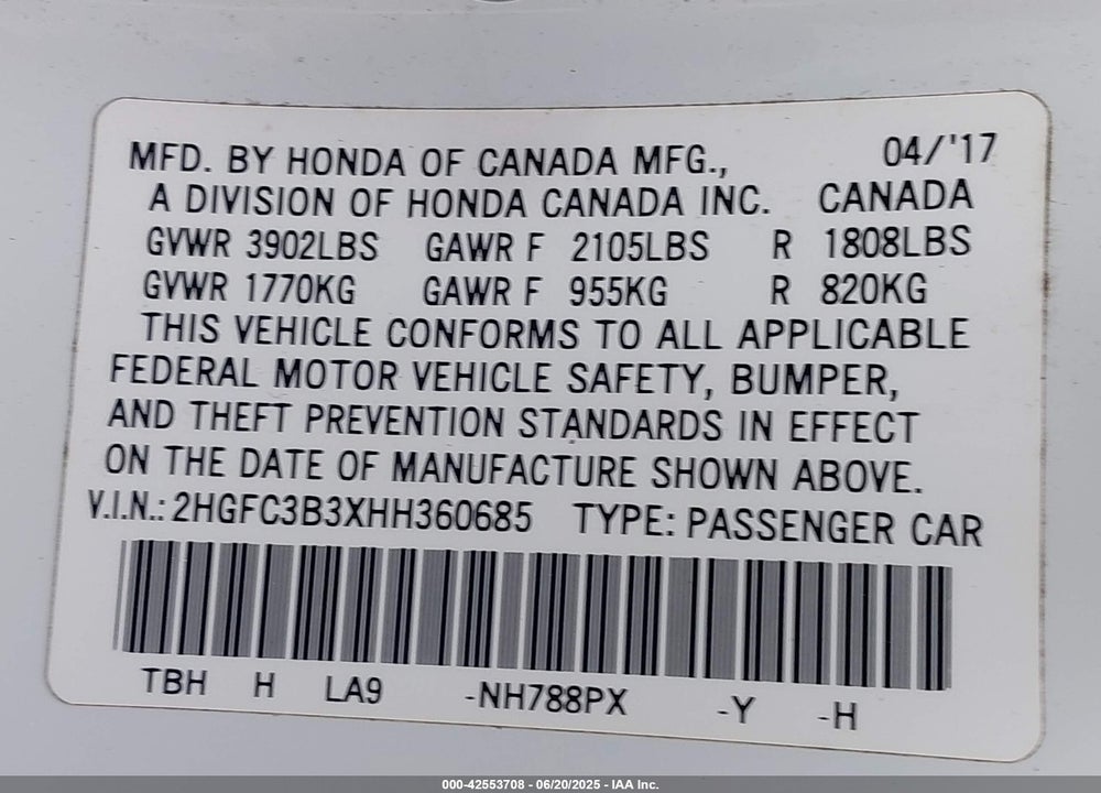 2017 HONDA CIVIC EX-T VIN: 2HGFC3B3XHH360685