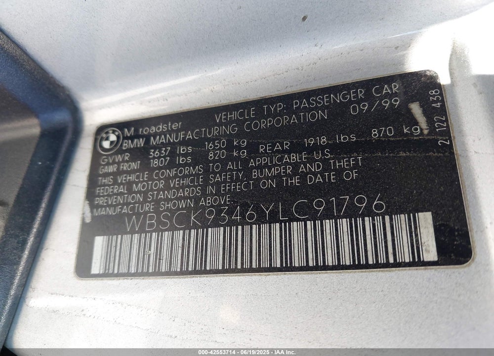 2000 BMW M VIN: WBSCK9346YLC91796