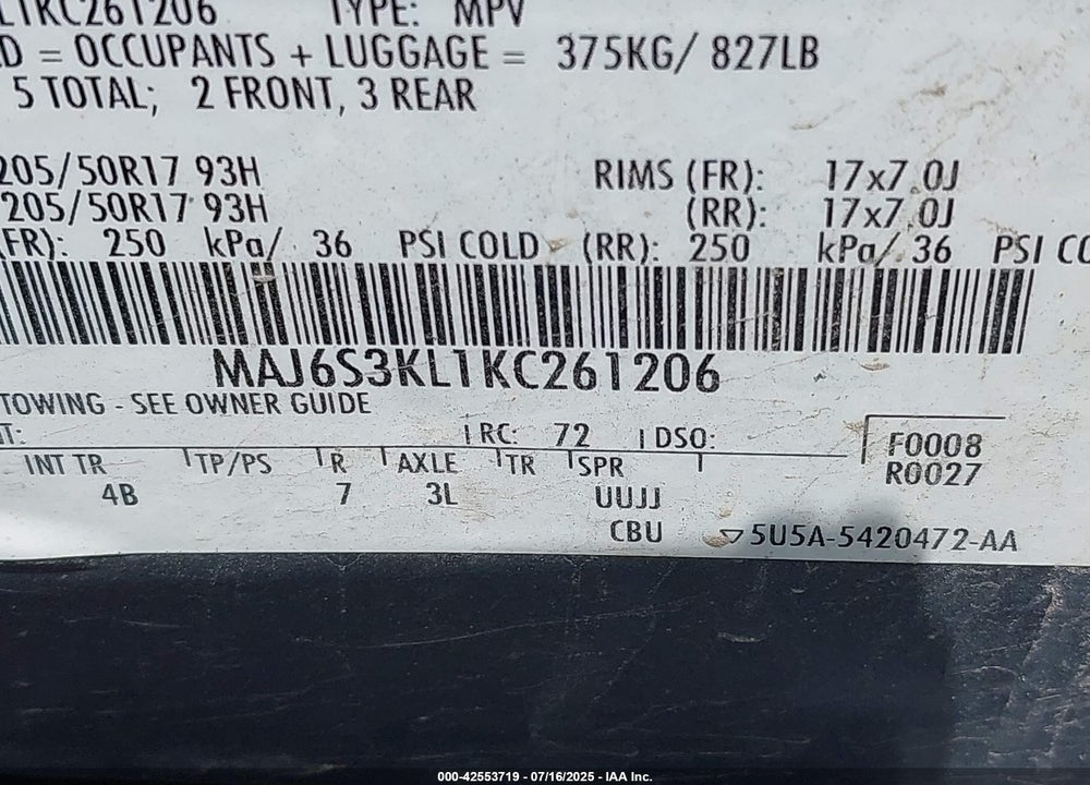 2019 FORD ECOSPORT VIN: MAJ6S3KL1KC261206