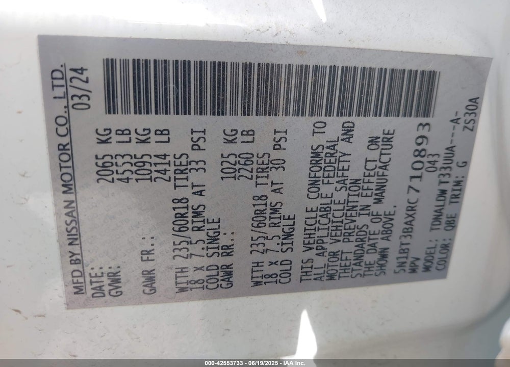 2024 NISSAN ROGUE SV FWD VIN: 5N1BT3BAXRC710893