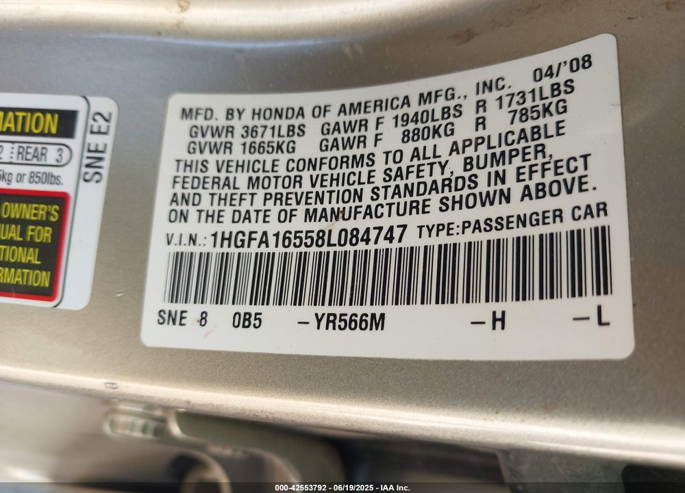 2008 HONDA CIVIC VIN: 1HGFA16558L084747